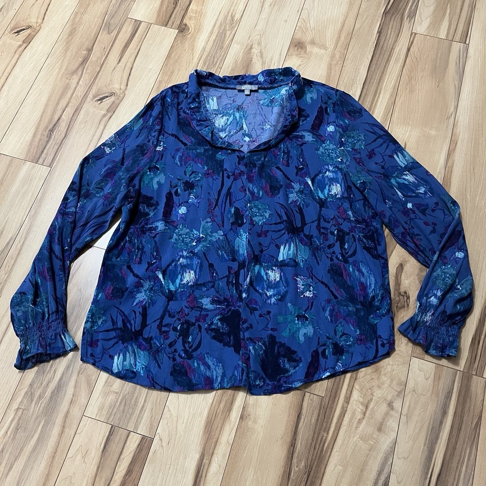 Habitat Women's Sz XL Blue Floral Swirl Print Ruffle Neck Blouse Art To Wear
